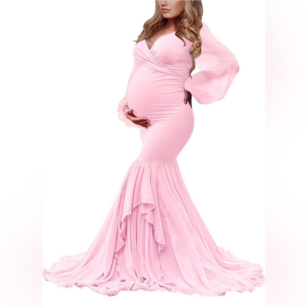 Chic Long Sleeve Pink Maternity Dress